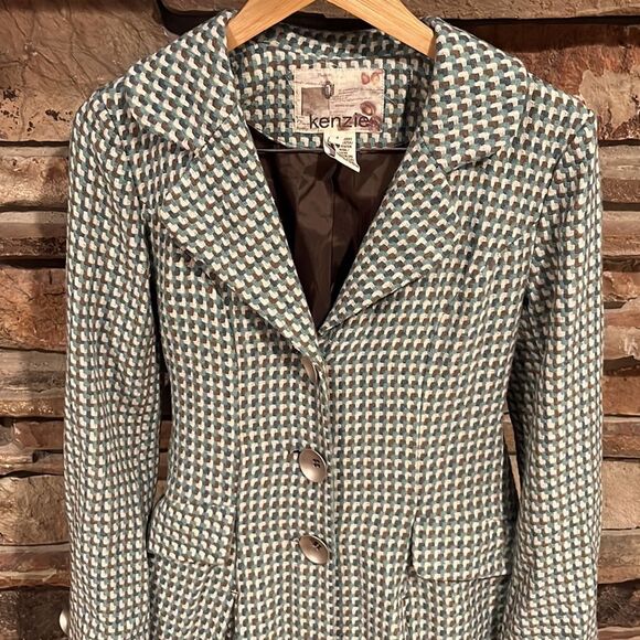Vintage Y2K Kenzie Woven Brown and Turquoise Wool Blend Trench Coat - Picture 2 of 10